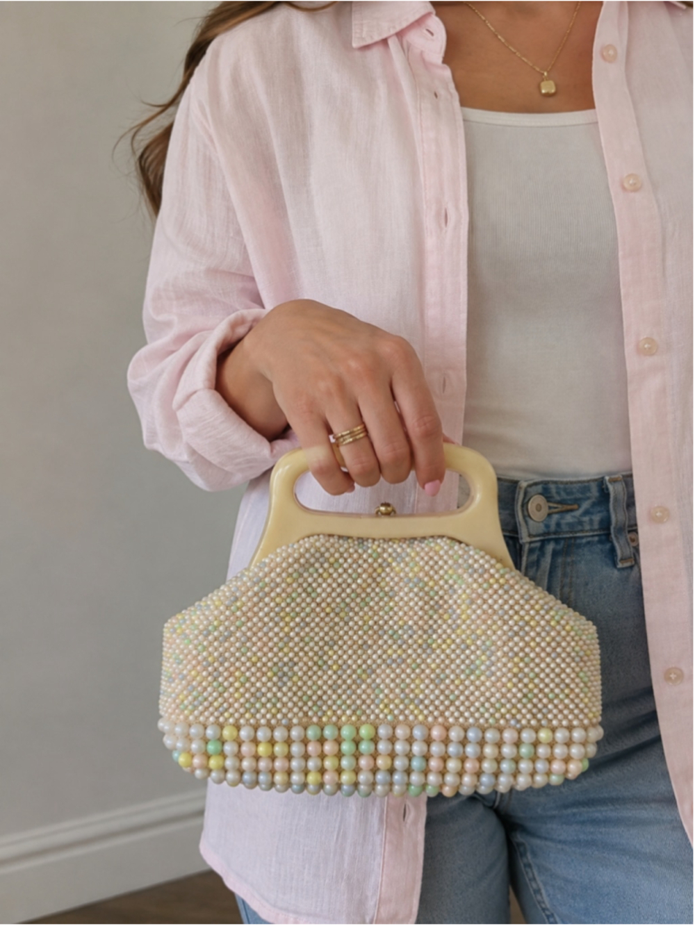 Vintage 1960s pastel beaded handbag made in Hong Kong with Lucite-style frame